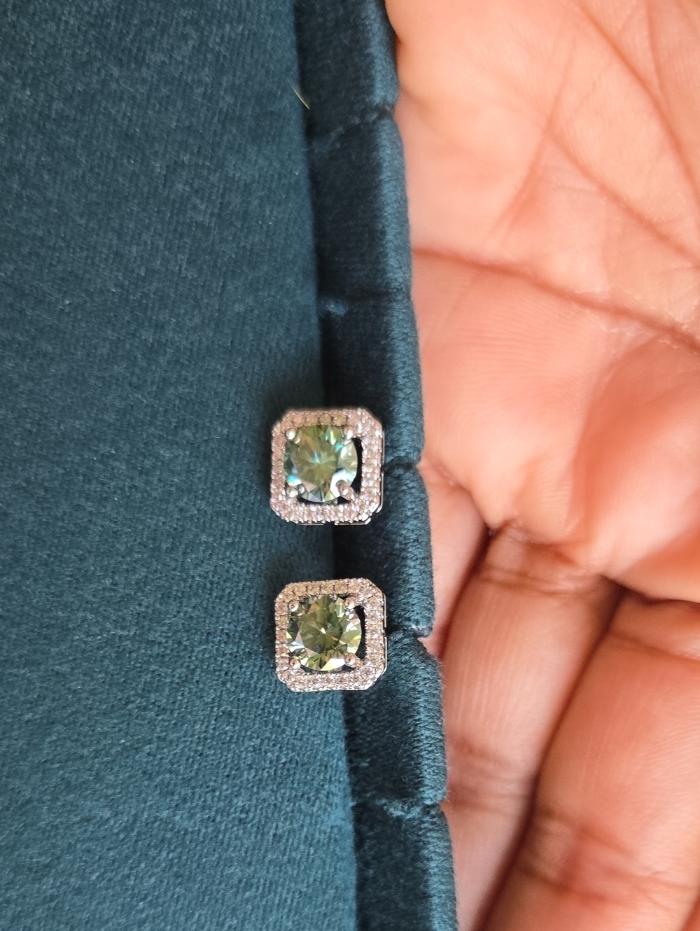 Green Moissanite Halo Square Stud Earrings On Sterling Silver